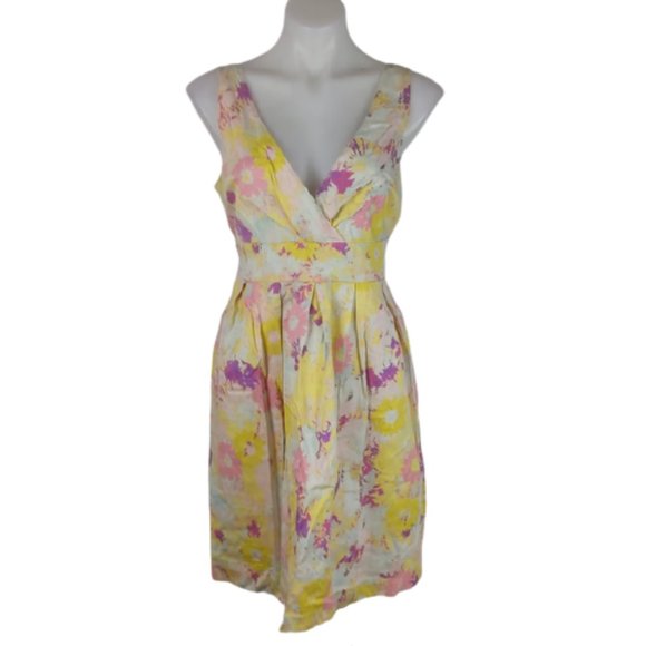 Portmans Dresses & Skirts - Portmans Women's Dress Size 14 Yellow Pink Floral V-Neck Shirring Bow Sleeveless